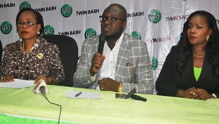 Mr. Kamal Shonibare, Head of Corporate Sales, Globacom, (middle) flanked on the left by Mrs. Gladys Talabi, Executive Director, Legal Services, Globacom, and on the right by Nnemdi Bekwenye, Brand Specialist, Globacom at the press conference for the launch of twin Bash promo held at Globacom's corporate headquarters, Mike Adenuga Towers last week.